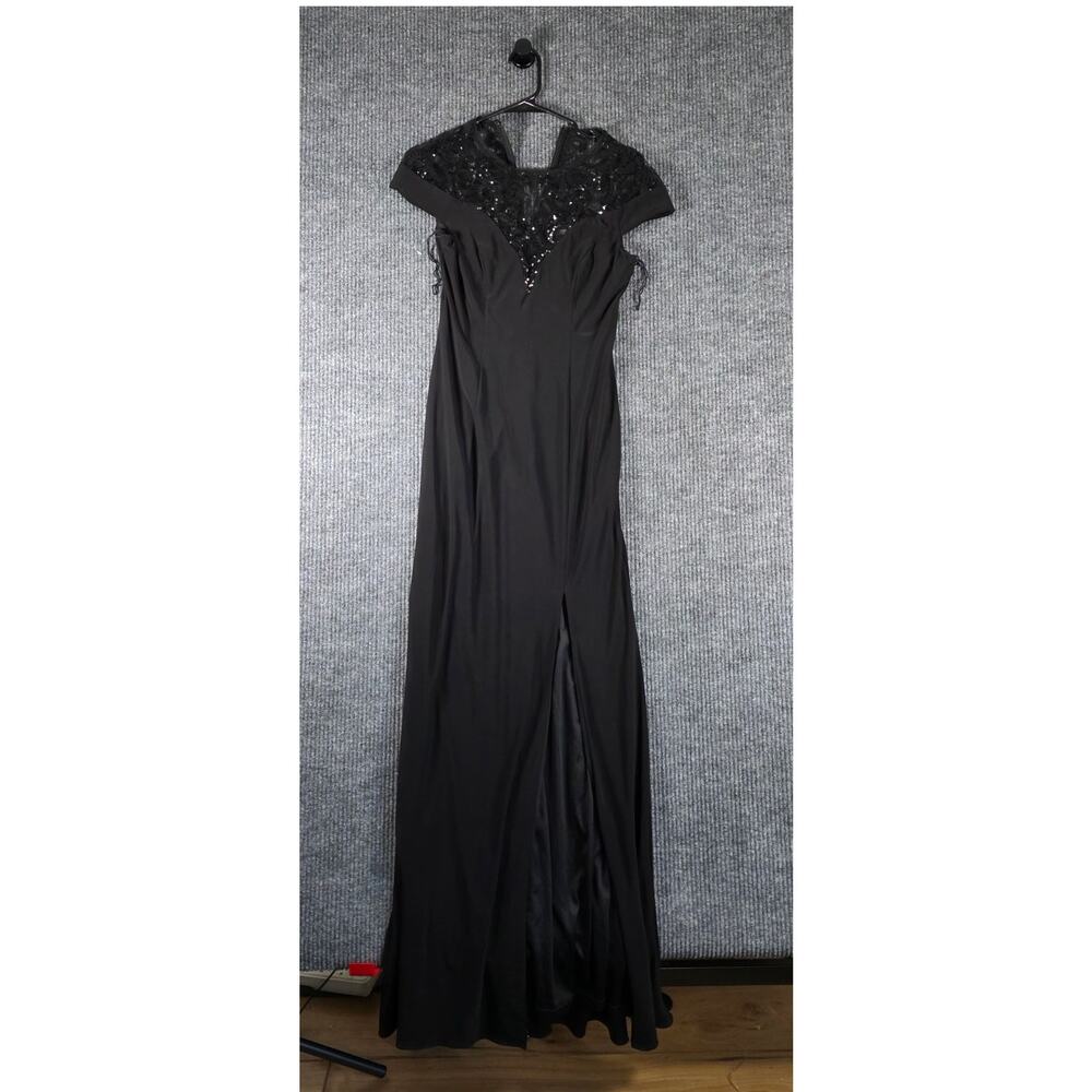 Adrianna Papell Black Sequin Lace Illusion Evening Gown Dress Size 2